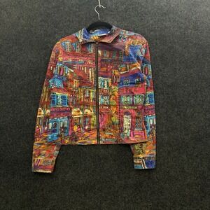 Chicos Vintage 90s Cityscape Art Print Zip Up Jacket Cotton Blend Multi Color 0
